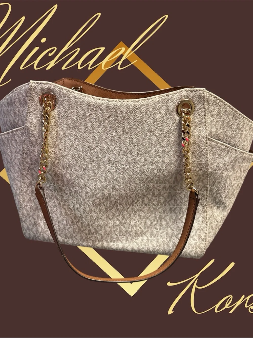 Michael Kors Cream Logo Tote with Gold Chain Straps - Picture 2 of 7